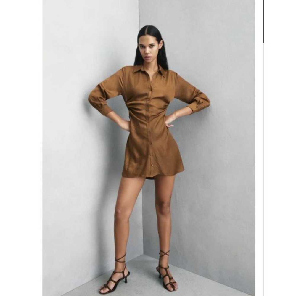 Zara WRINKLED EFFECT MINI DRESS CARAMEL
